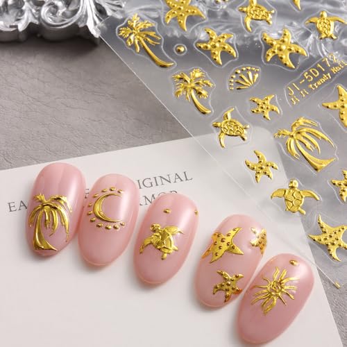5D Embossed Ocean Nail Art Stickers Rose Gold Beach Sea Life Decals 2 Sheets