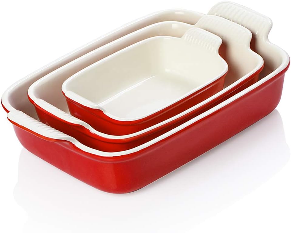 Sweejar Baking Pans Set - Durable Ceramic 9x13 Baking Dish with Handle | 3-Piece Bakeware Set in Red