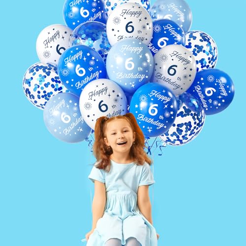 12-Inch Blue & White Confetti Balloons for 6th Birthday Party