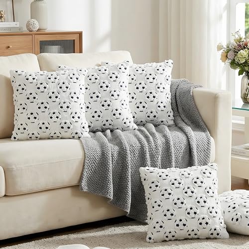 Soccer Throw Pillow Covers 18x18 Set of 2 - Plush Embroidered Sport Decor