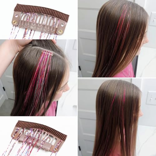 ShowJarlly Pink Hair Tinsel Clip In Extensions 18 Pcs Kit