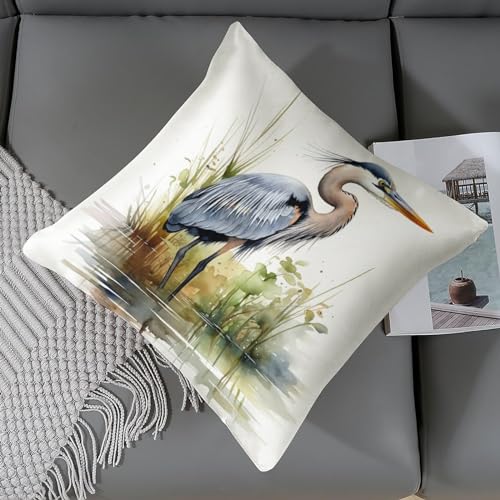 Watercolor Great Blue Heron Satin Throw Pillow Cover 18x18