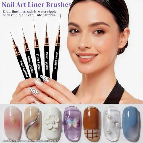 9-Piece Nail Art Brush Set with 5 Thin Liners and Gel Brushes