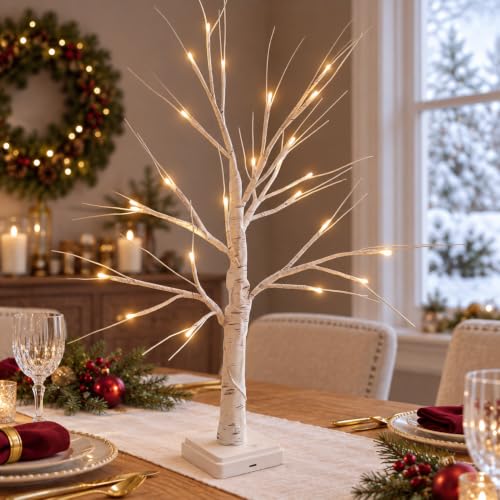 Lighted Mini Birch Tree Christmas Decoration 2ft White with USB & Timer