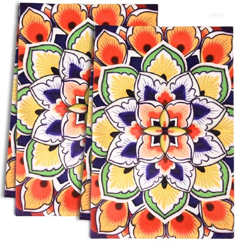 Bohemian Floral Kitchen Towels Set of 2 - Absorbent Cotton Dish Cloths