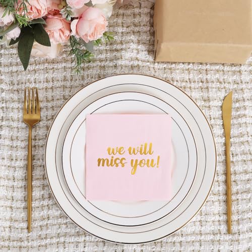 We Will Miss You Cocktail Napkins - 50 Pcs Pink Cursive Foil Party Supplies