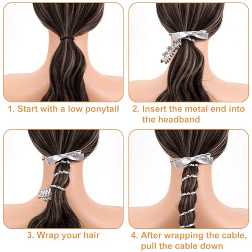 SmallCat 2PCS Bow Spiral Hair Ties with Beads Artificial Pearl Phone Cord Hair Bands
