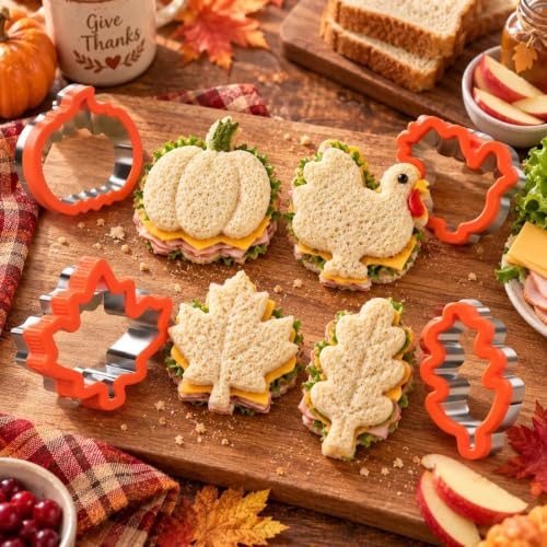 Thanksgiving Cookie Cutters Set - 4 Stainless Steel Shapes for Baking & Sandwiches - Pumpkin, Maple Leaf, Turkey, Leaves