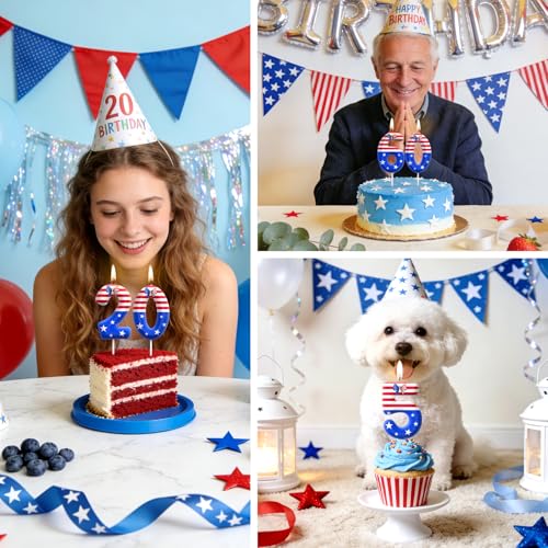 Stars and Stripes Birthday Number Candles - Red White Blue Cake Toppers