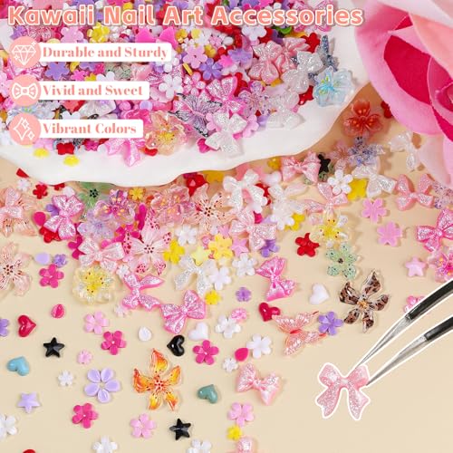 Umillars 3D Flower Nail Charms Set with Tweezers - Colorful Spring Resin Cherry Blossom Flatback Petals for Nail Art DIY Crafts