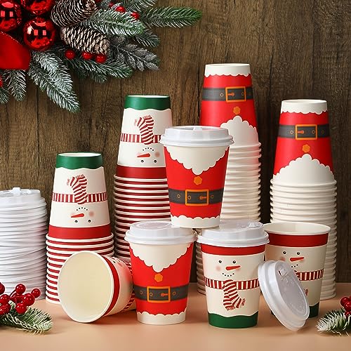 12 oz Christmas Coffee Cups - 100 Disposable Snowman Santa Belt Holiday Paper Cups