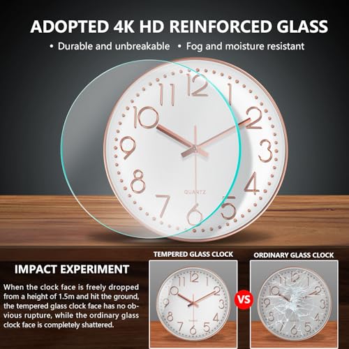 Rose Gold Silent Wall Clock 8 Inch - Non-Ticking Analog Design