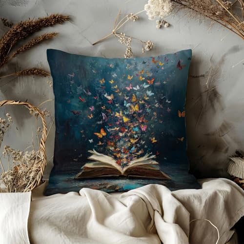 Butterfly Book Throw Pillow Cover - Dark Academia 18x18 Inch (02-a-fantasy)