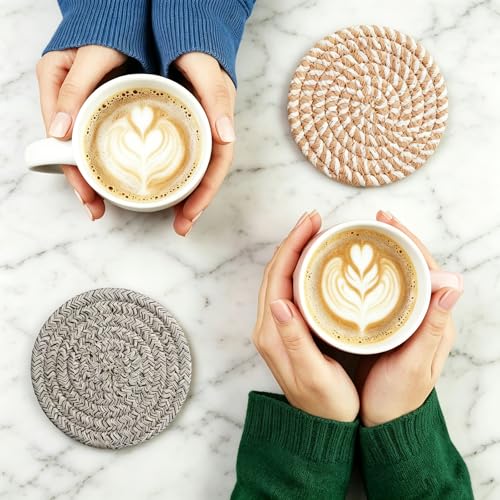 CHIYOSING Set of 8 Cotton Woven Coasters with Holder, Absorbent & Durable