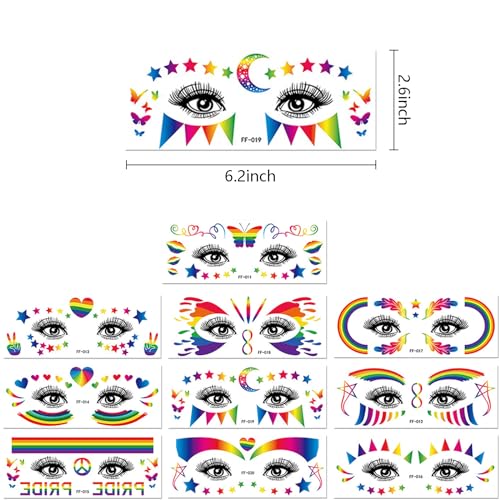Rainbow Face Temporary Tattoos 10 Sheets LGBT Pride Parade Makeup Stickers