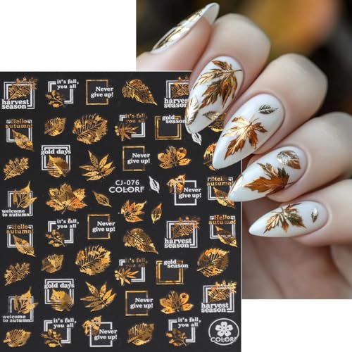 KRTBKR 9 Sheets Fall Metallic Nail Art Stickers 3D Self-Adhesive Maple Leaf