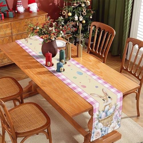 Easter Table Runner Watercolor Bunny Rabbit Eggs 13x72 Inch