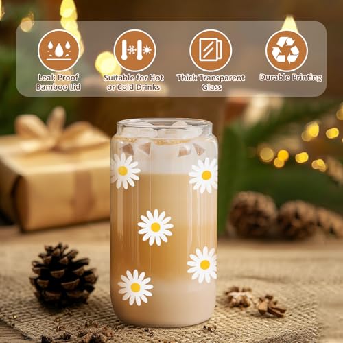 Daisy Aesthetic Coffee Cup with Lid & Straw - 16 oz Glass, White
