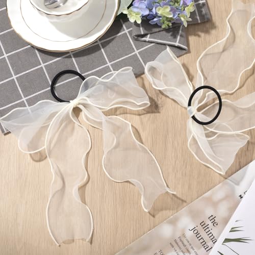 STSTR 2Pcs Large Beige Organza Hair Bow Ties, Long Tail Bowknot Scrunchies
