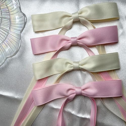 SALOCY 4 PCS Big Satin Hair Bow Clips with Long Tail Pink and Beige