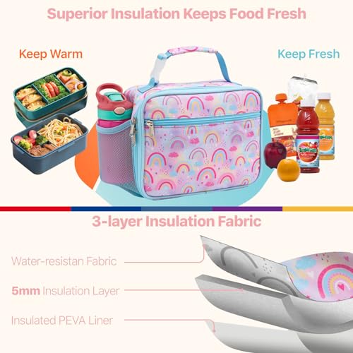 Bagseri Insulated Kids Lunch Bag - Leak-Proof Lunch Box for Girls, Pink Rainbow