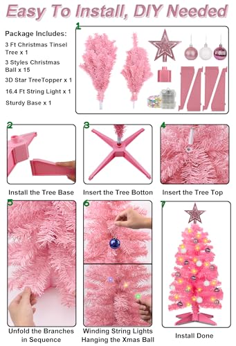 Pink 3ft Artificial Christmas Tree with 12 Modes Dual Color Lights and Ornaments - Variation Pink 2