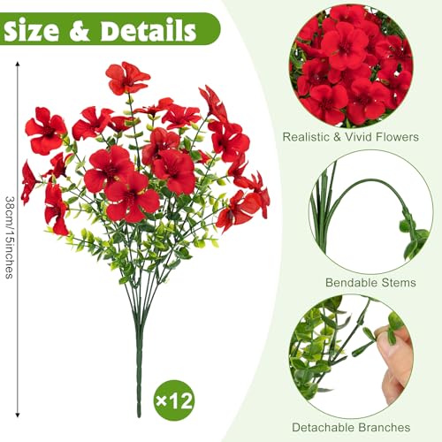 Roberly 12 Pcs Red Artificial Geranium Flowers for Outdoor Decor