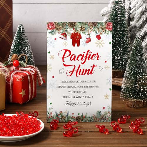 Christmas Baby Shower Pacifier Hunt Game Set with Santa Themed Sign - Red