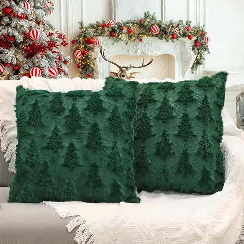 ANOOVV 18x18 Green Christmas Tree Pillow Covers, Set of 2 Soft Plush Cases