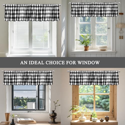 Black and White Buffalo Check Window Valance Curtains - 2 Pack, 55 x 15 Inches