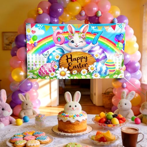 Happy Easter Bunny Backdrop Banner - 72x44in Spring Party Decor