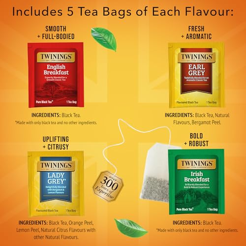Twinings Variety Pack Black Tea Bags - 20 Count, Includes English Breakfast, Earl Grey, Irish & Lady Grey, Caffeinated, Hot or Iced - Variation: Pack of 1