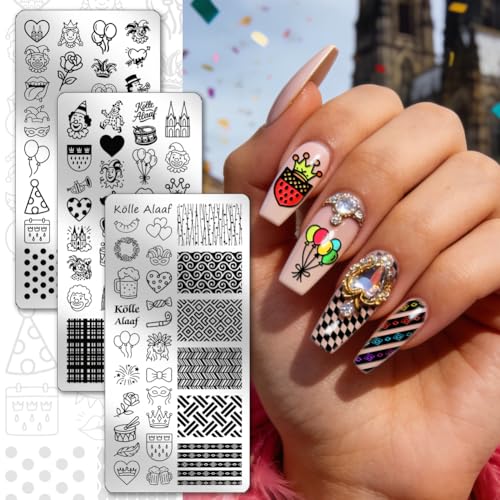 PH PandaHall 3pcs Stainless Steel Cologne Carnival Nail Stamping Plates Clown Beer Balloon Art Templates