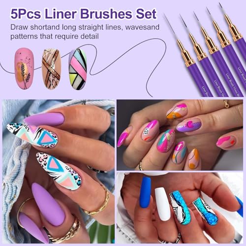 MUIIGOOD 5-Piece Nail Art Liner Brush Set for Fine Lines and UV Gel Painting