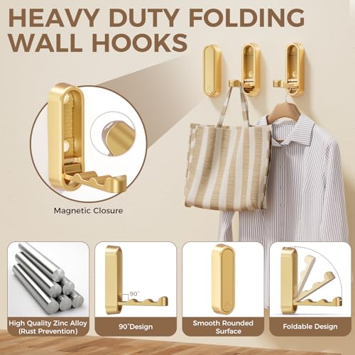 CMRUI Folding Coat Hooks - Heavy Duty Zinc Alloy Wall Hooks, Gold (2-Pack)