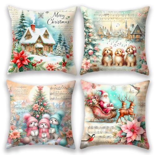 Vintage Christmas Throw Pillow Covers Set of 4 - 18x18 Soft Linen