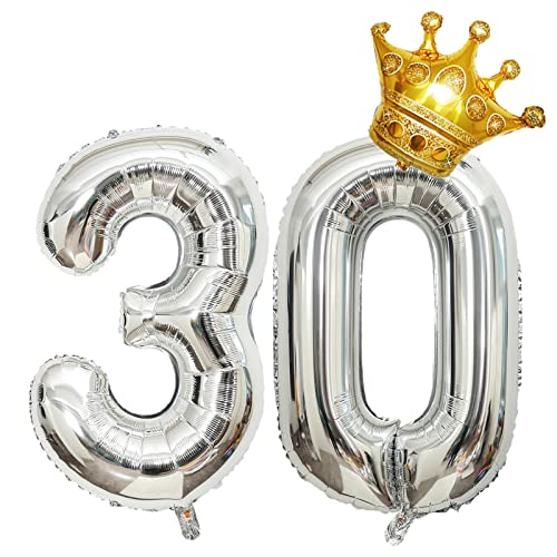32 Inch Silver Number 30 Foil Balloon with Mini Crown Decoration