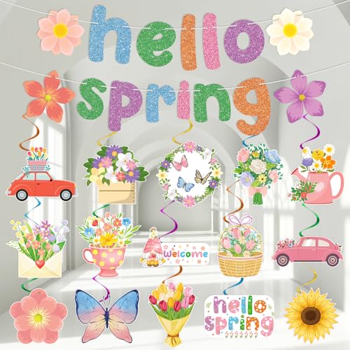 Hello Spring Decorations Set - Banner, Flowers & Butterfly Swirls