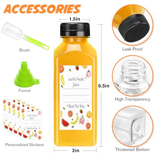 12oz Reusable Plastic Juice Bottles with Leak-Proof Lids - Set of 6