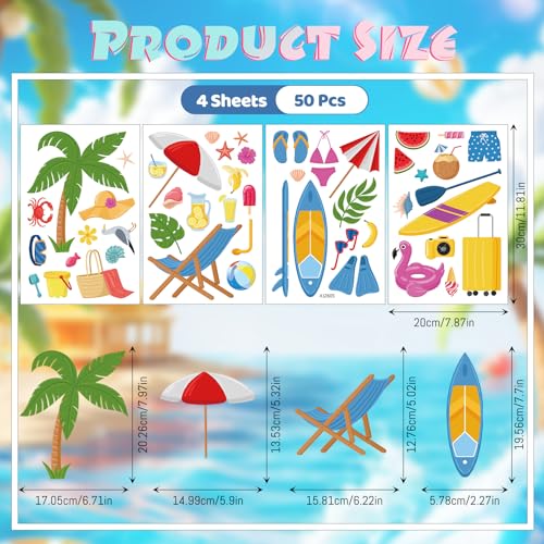 Summer Window Clings, 50 Pcs Beach Glass Stickers Decals