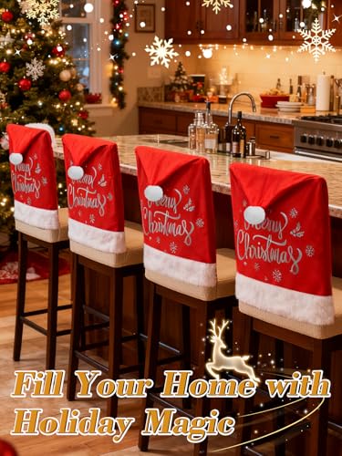 Red Plush Santa Hat Chair Covers for Dining Chairs Set of 4 - Christmas Decor