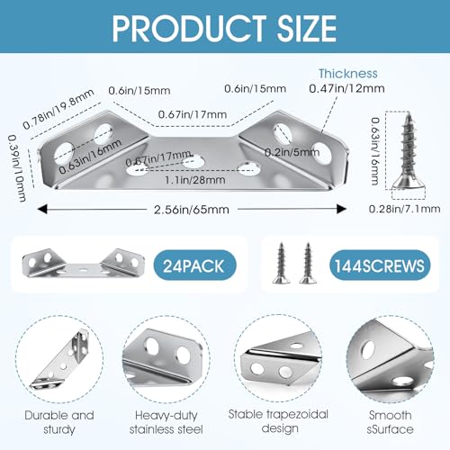 24-Pack Stainless Steel Corner Brackets - Heavy Duty 90 Degree Braces