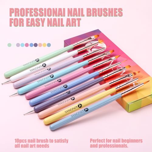 KINGMAS 10 Pcs Nail Art Brushes and Dotting Pens Set for Gel Polish