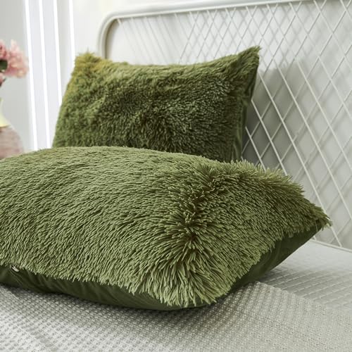 Fluffy King Size Pillowcases Set of 2 Faux Fur Covers - Sage