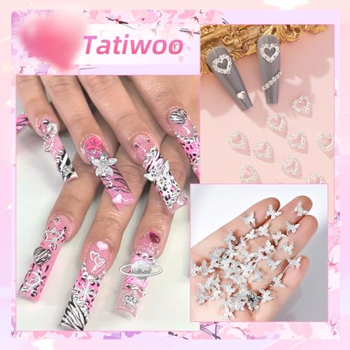 240Pcs 3D Silver Nail Charms Mixed Alloy Bows Star Butterfly Y2K DIY