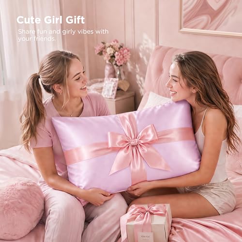 Bedsure Satin Pillowcase Set 2 Pack with Zipper - 20x26 Pink, Silk-Like Bed Pillow Covers