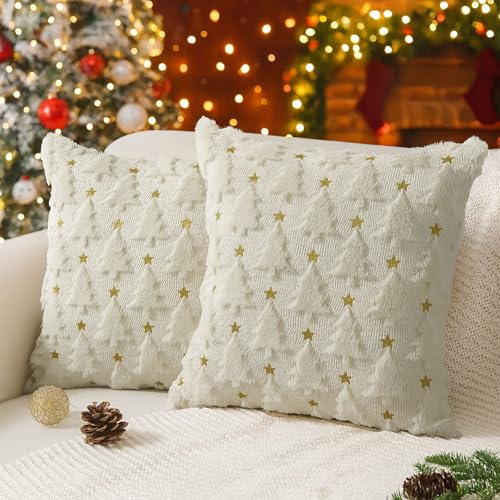 SHBLOMK White Christmas Pillow Covers 18x18 Inch Set of 2 Plush Faux Fur Decorative Throw Pillows