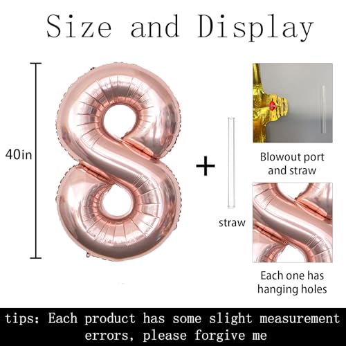 Keyali 40-Inch Rose Gold Number 8 Foil Helium Balloon for Birthday Party