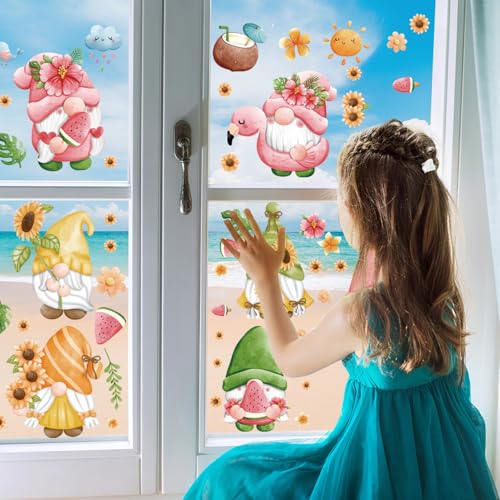 Hianjoo 72 Pcs Summer Gnome Window Clings - Tropical Fruit Decor