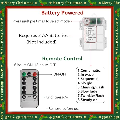 Christmas String Lights 2 Pack - Red White Green LED Fairy Lights with Remote Control